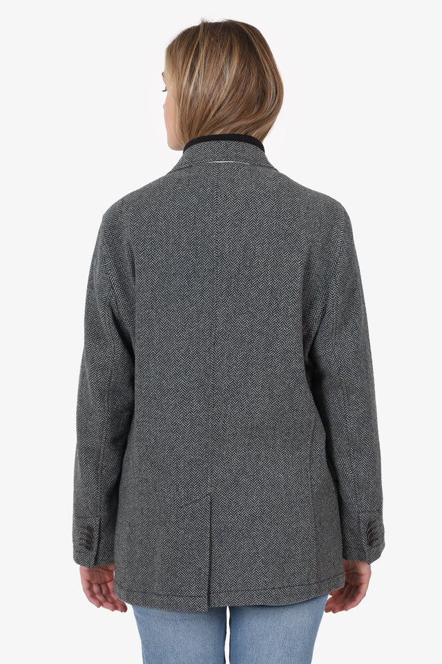 Burberry Black/White Wool Herringbone Single Breasted Blazer With Quilted Zip Up Size L