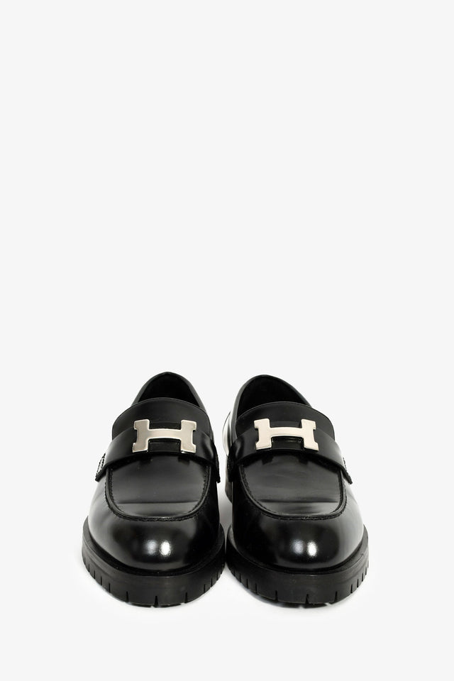 Hermes Black Leather Faubourg H Loafers Size 36