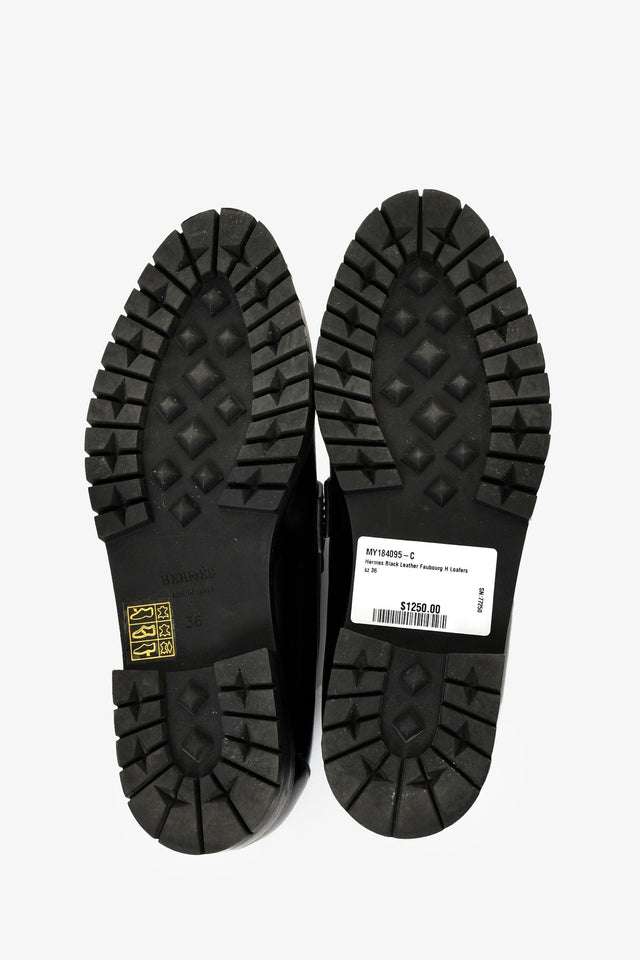 Hermes Black Leather Faubourg H Loafers Size 36