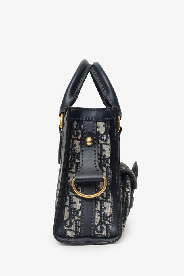 Christian Dior Navy Canvas/Leather Oblique Mini Tote Bag With Strap