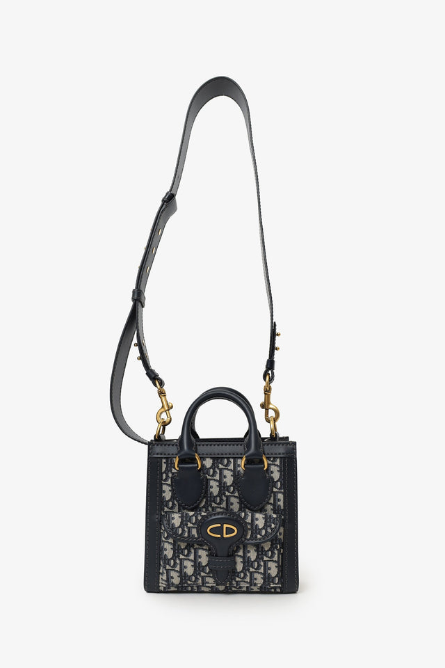 Christian Dior Navy Canvas/Leather Oblique Mini Tote Bag With Strap