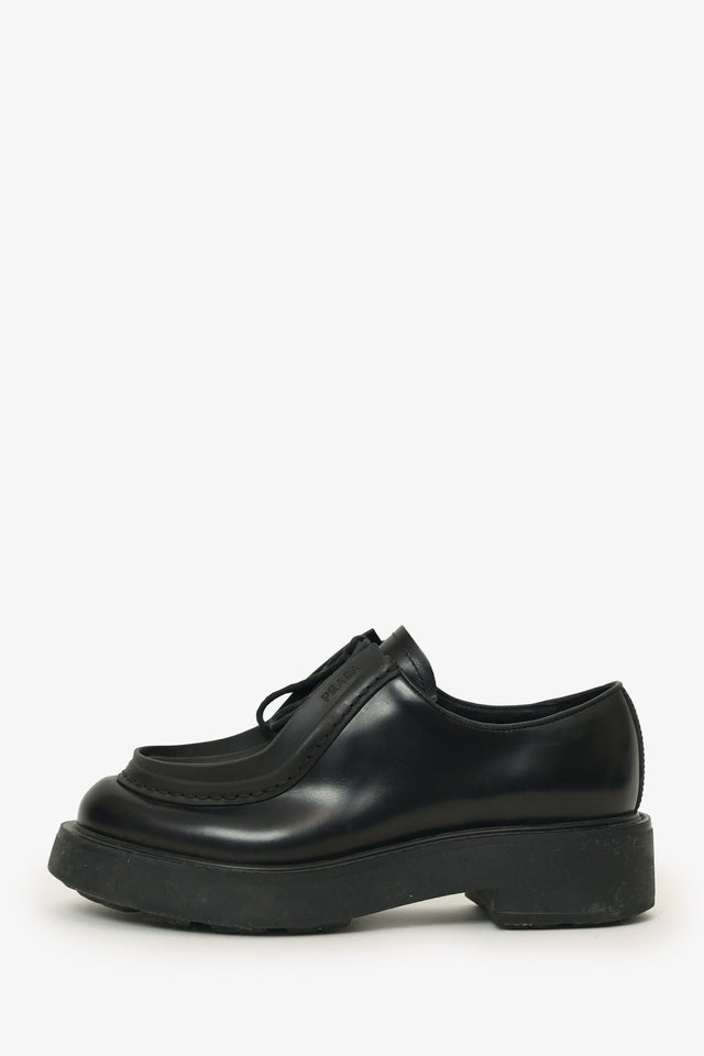 Prada Black Leather Chunky Lace Up Shoes Size 37.5