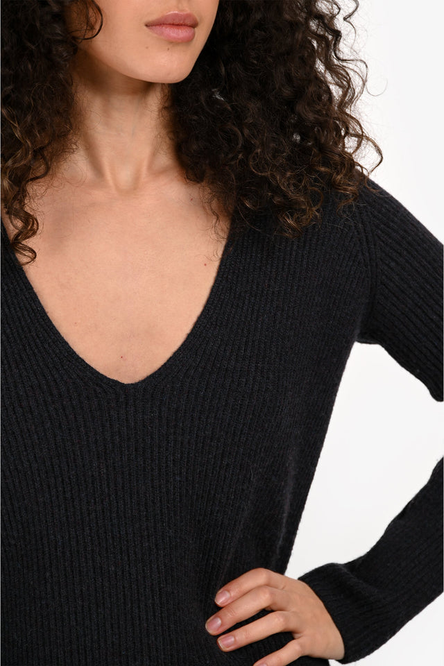 Hermes Navy Cashmere V Neck Long Sleeve Sweater Size 36