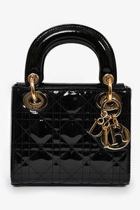 Christian Dior 2020 Black Patent Leather Mini Lady Dior Bag With Strap