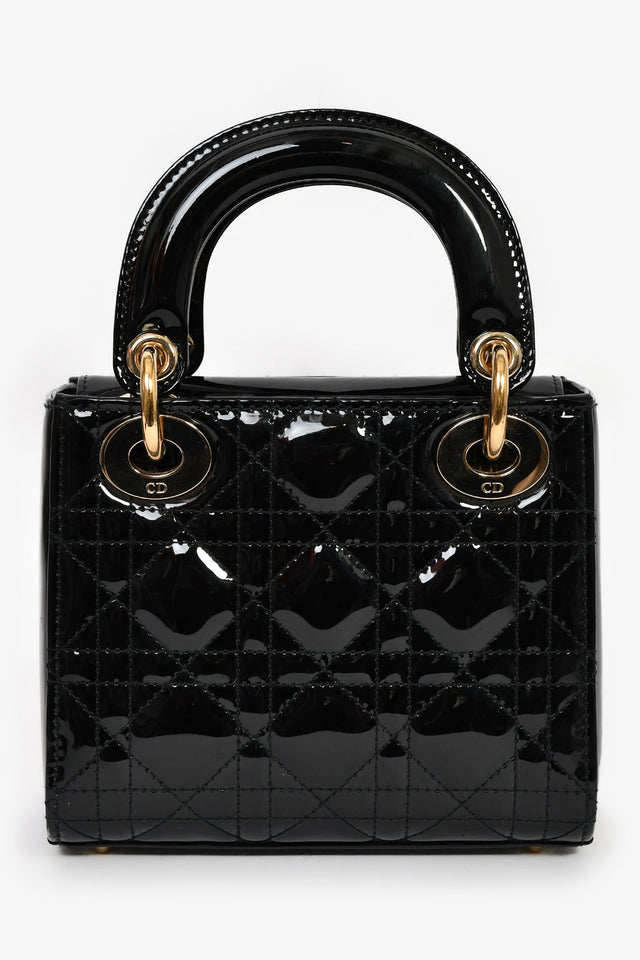 Christian Dior 2020 Black Patent Leather Mini Lady Dior Bag With Strap