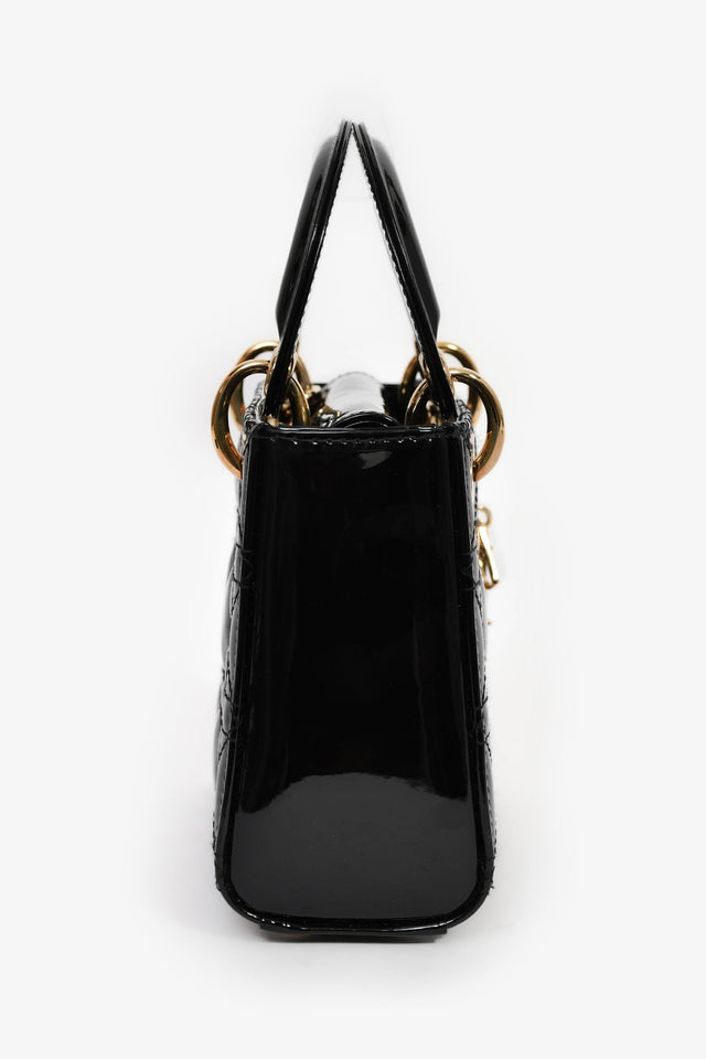 Christian Dior 2020 Black Patent Leather Mini Lady Dior Bag With Strap