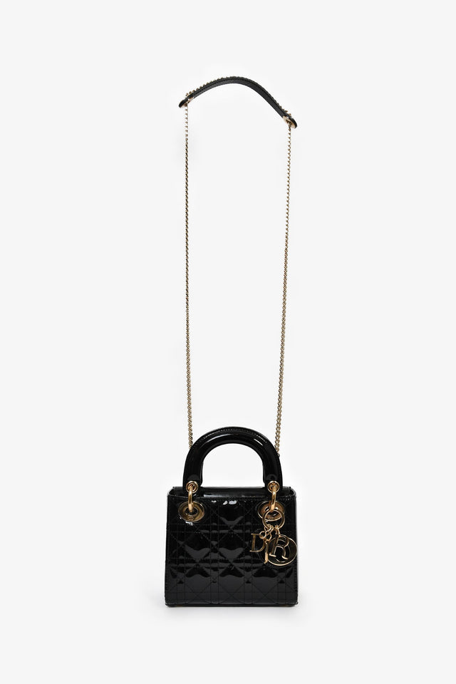 Christian Dior 2020 Black Patent Leather Mini Lady Dior Bag With Strap