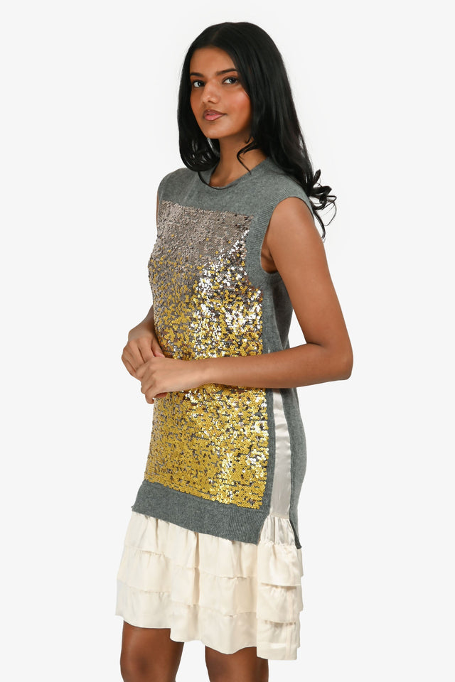 Louis Vuitton Grey/White Knit/Silk Sequined Sleeveless Mini Dress Size XS