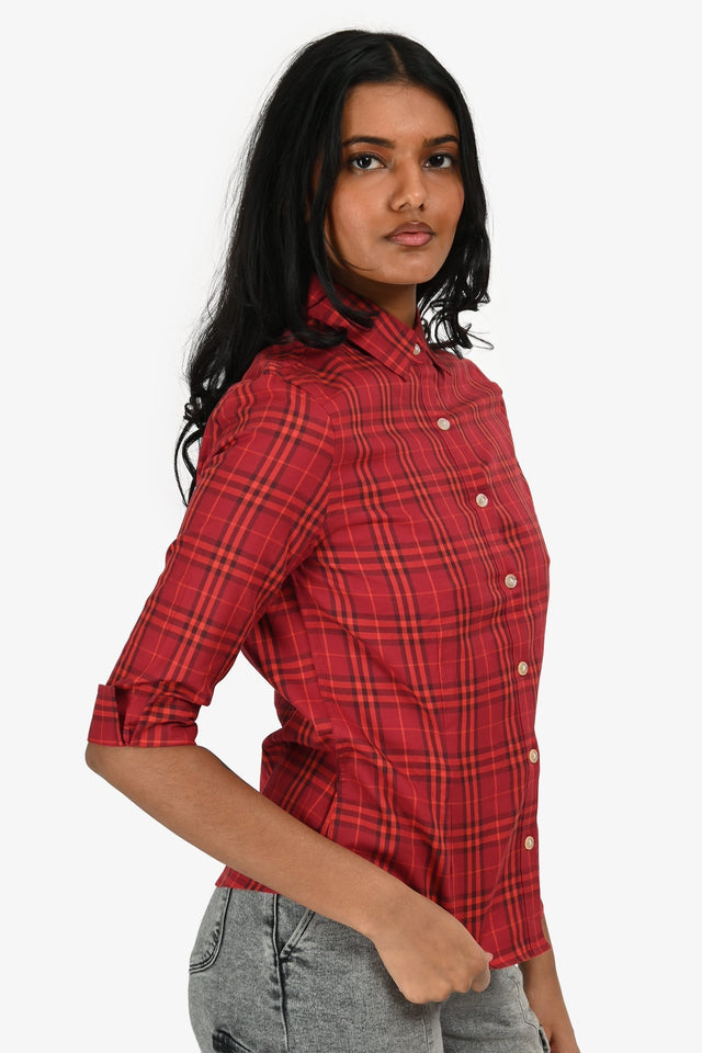 Burberry Red Cotton Nova Check Quarter Sleeve Button Down Shirt Size S