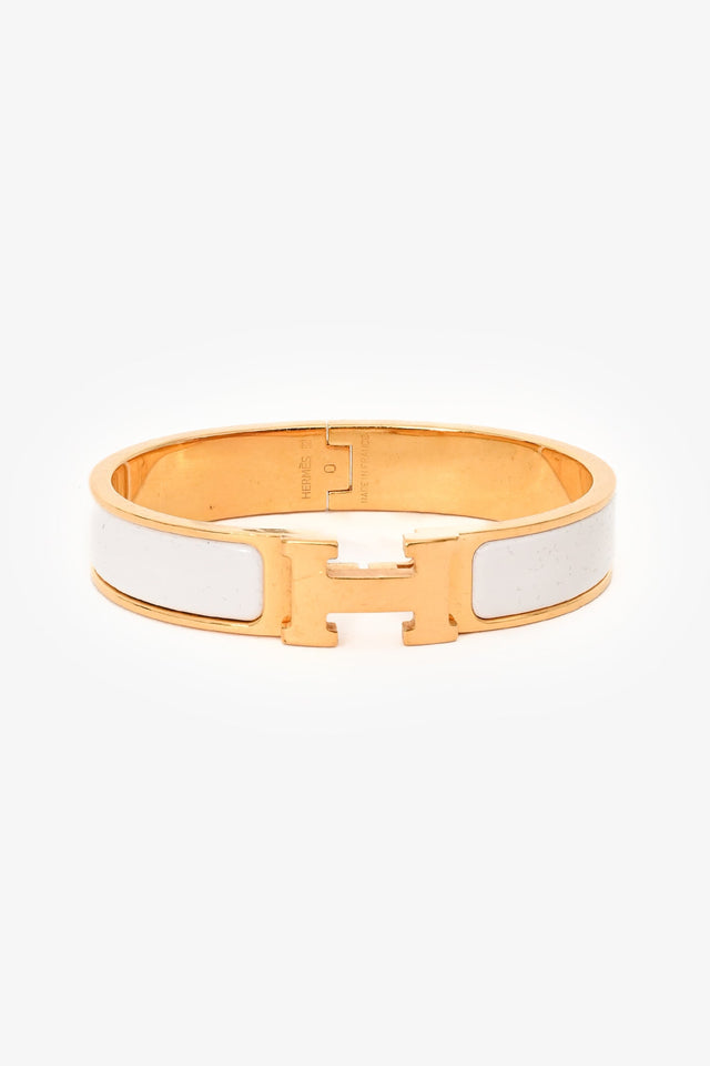 Hermes Gold Tone White Ceramic 'Clic Clac H' Thin Bracelet