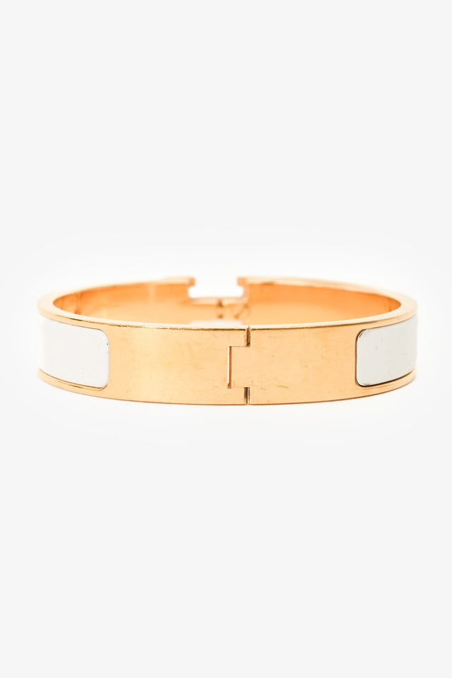 Hermes Gold Tone White Ceramic 'Clic Clac H' Thin Bracelet