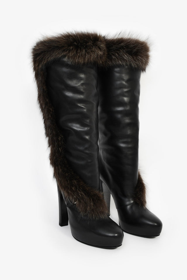 Hermes Black Leather Fur Lined Boots Size 38