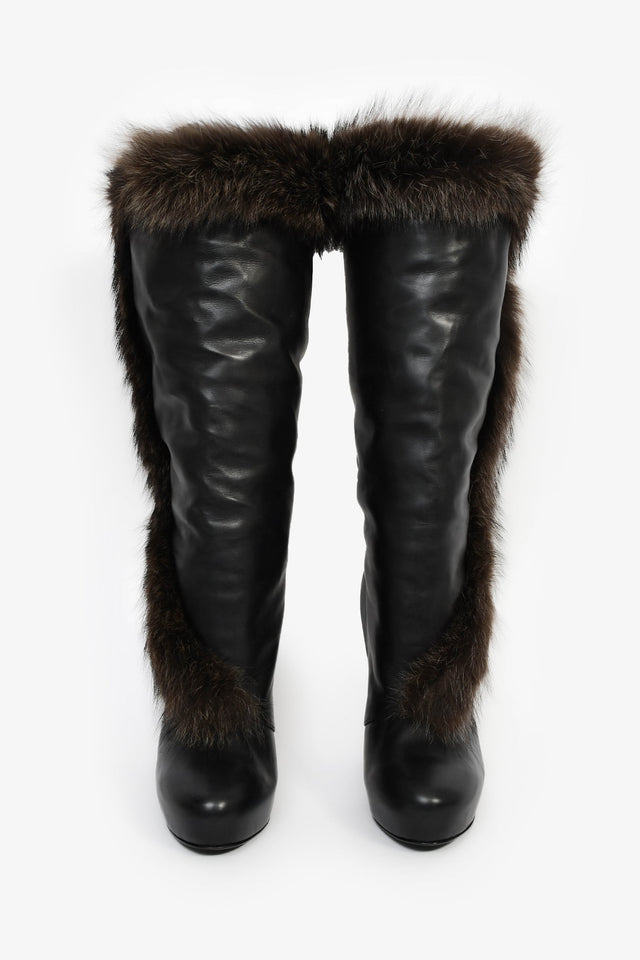 Hermes Black Leather Fur Lined Boots Size 38