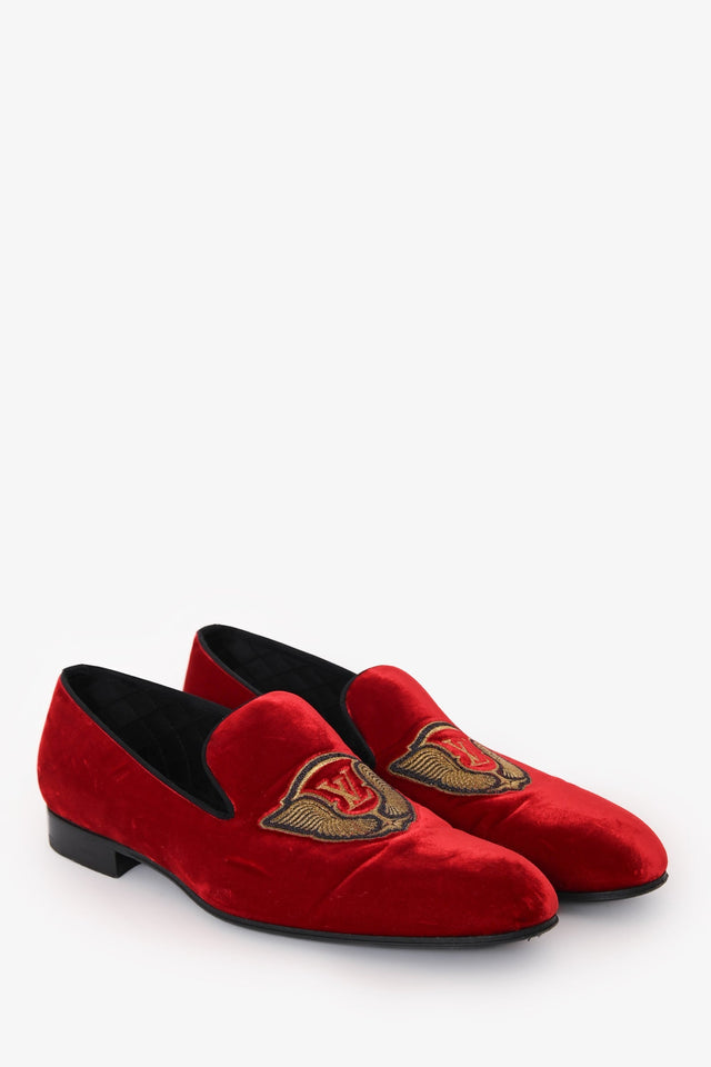 Louis Vuitton Red Velvet Slip-On 'Auteuil' Loafers Size 9 Mens