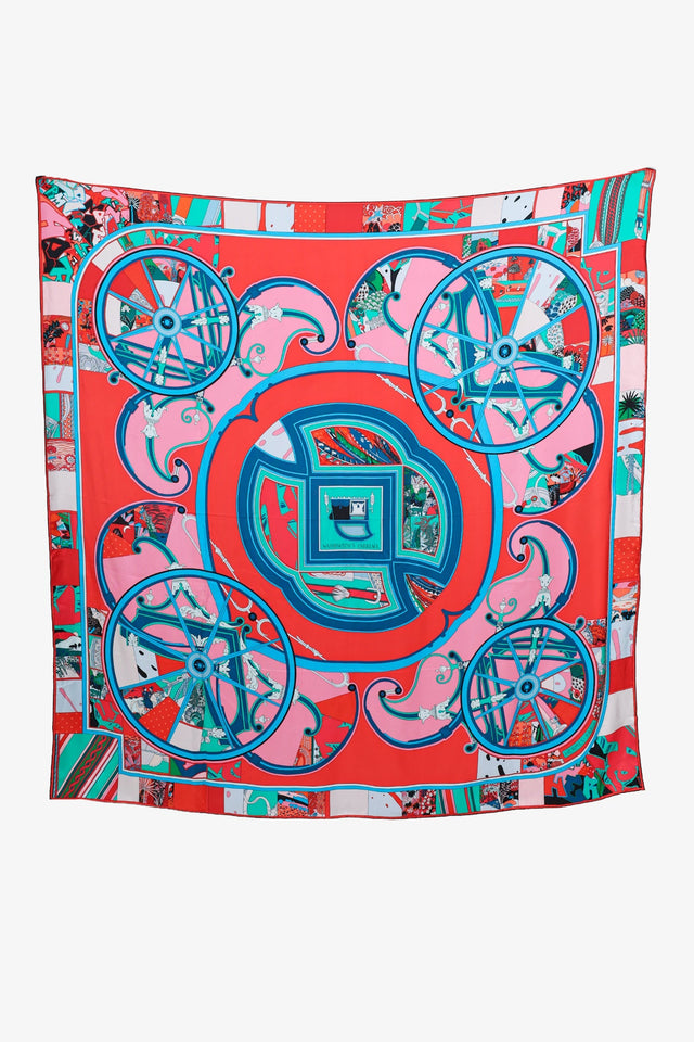 Hermes Teal/Red/Multi Silk 'Washington's Carriage' Scarf 140
