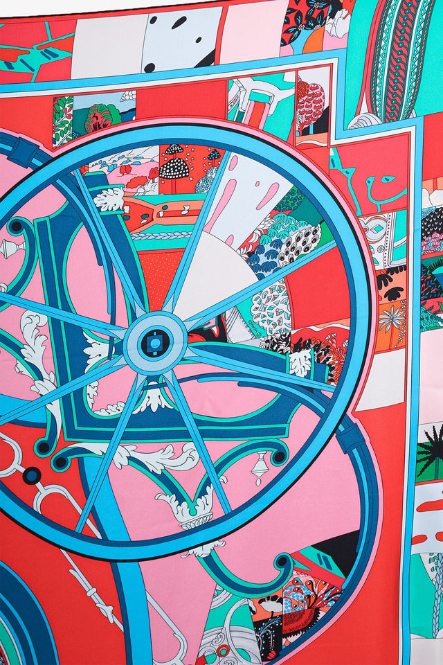 Hermes Teal/Red/Multi Silk 'Washington's Carriage' Scarf 140
