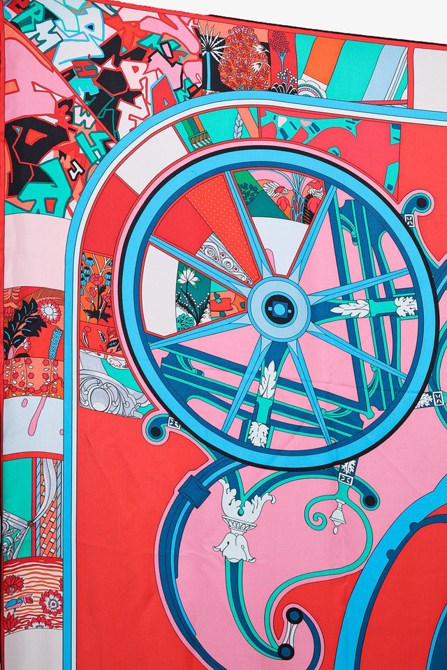 Hermes Teal/Red/Multi Silk 'Washington's Carriage' Scarf 140