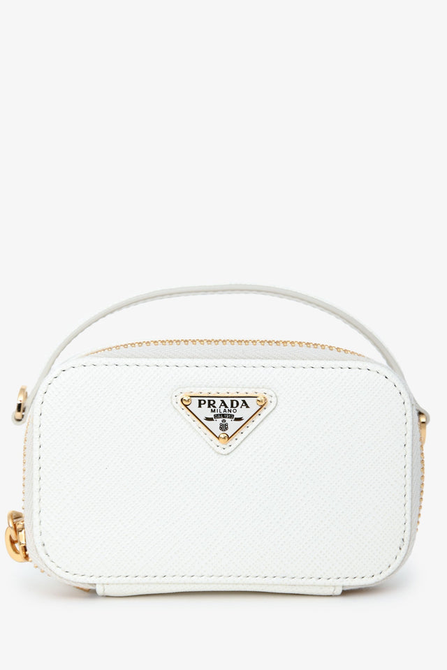 Prada White Saffiano Leather Mini Logo Pouch Crossbody Bag GHW