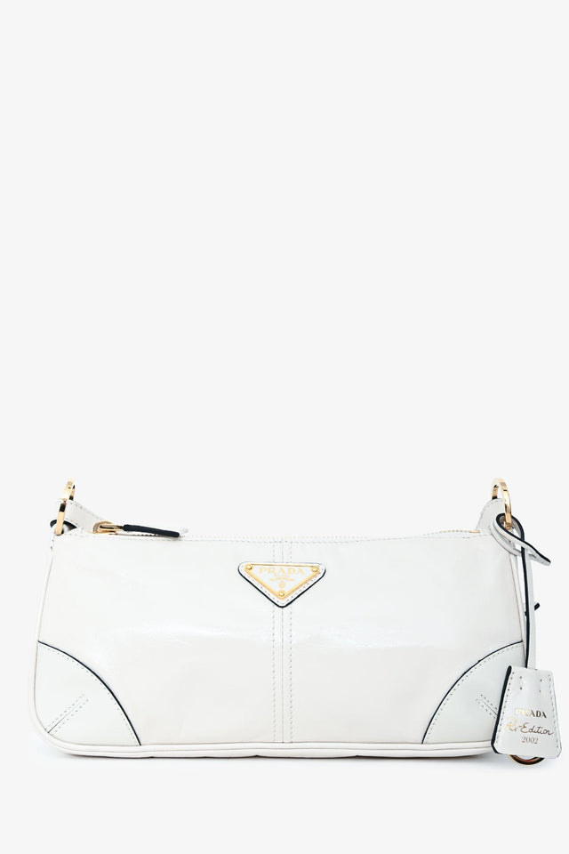 Prada White Leather 'Re-Edition 2002' Medium Shoulder Bag with Chain