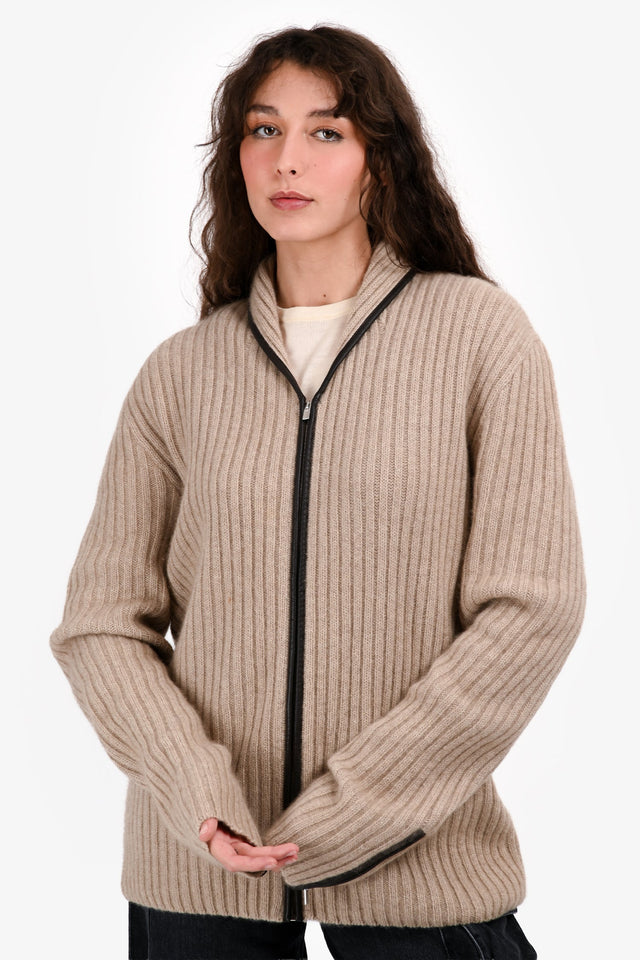 Hermes Beige Cashmere/Leather Trimmed Ribbed Long igan Size XL