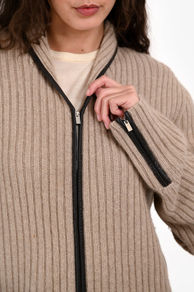Hermes Beige Cashmere/Leather Trimmed Ribbed Long igan Size XL