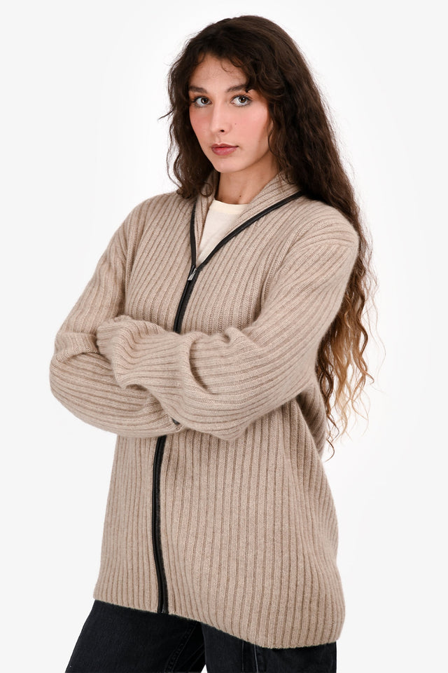Hermes Beige Cashmere/Leather Trimmed Ribbed Long igan Size XL