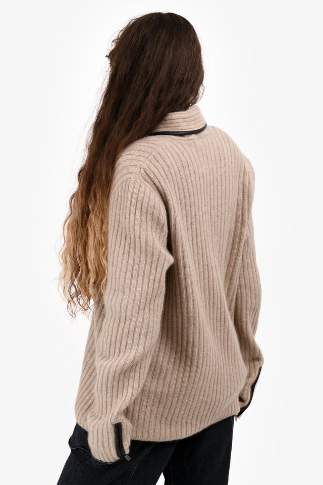 Hermes Beige Cashmere/Leather Trimmed Ribbed Long igan Size XL