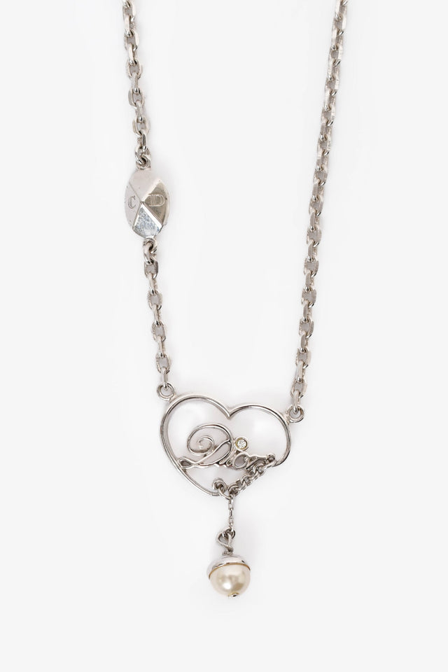 Christian Dior Silver Toned Heart Logo Pearl Necklace