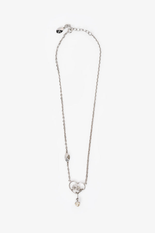 Christian Dior Silver Toned Heart Logo Pearl Necklace