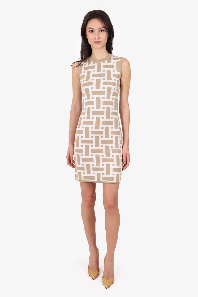 Hermes Beige/White “Mosaique” Knit Sleeveless Dress Size 34