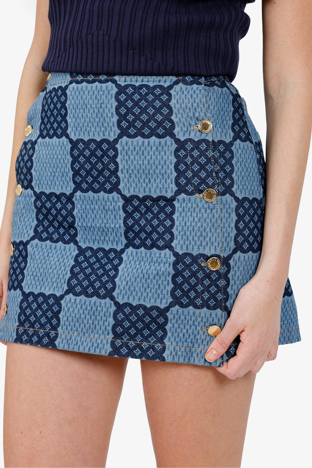 Louis Vuitton Blue Damier Denim Mini Skirt Size 36 'Altered'