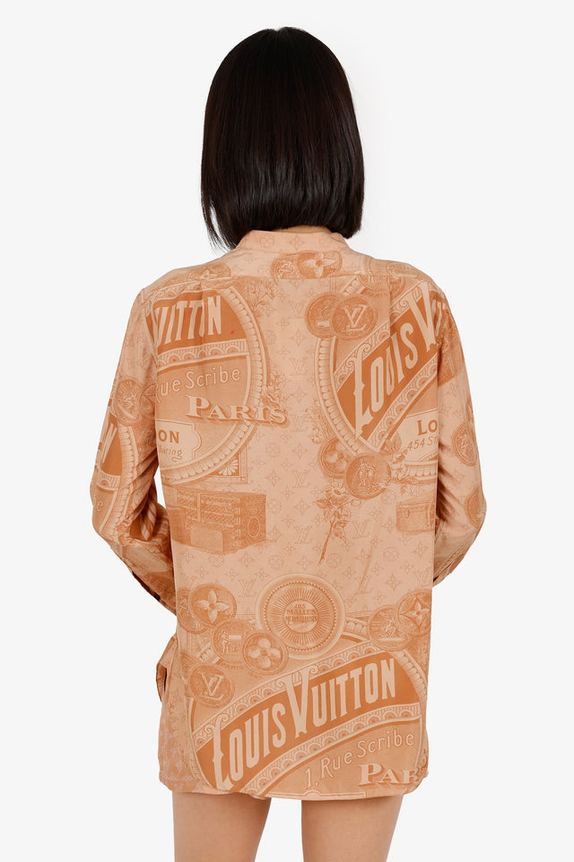 Louis Vuitton Brown Silk Vintage Print Button Down Shirt Size 36
