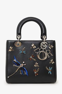 Christian Dior 2016 Black Smooth Calfskin Embellished Dragonfly Medium Lady Dior