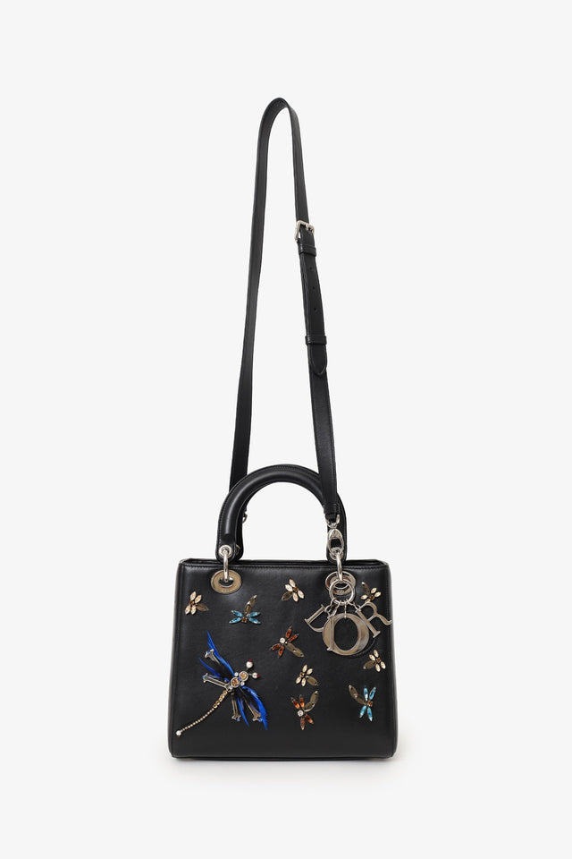 Christian Dior 2016 Black Smooth Calfskin Embellished Dragonfly Medium Lady Dior