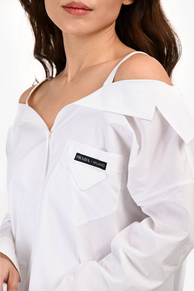 Prada 2018 White/Light Blue Feather Hem Button Up Shirt Dress Size 36