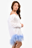 Prada 2018 White/Light Blue Feather Hem Button Up Shirt Dress Size 36