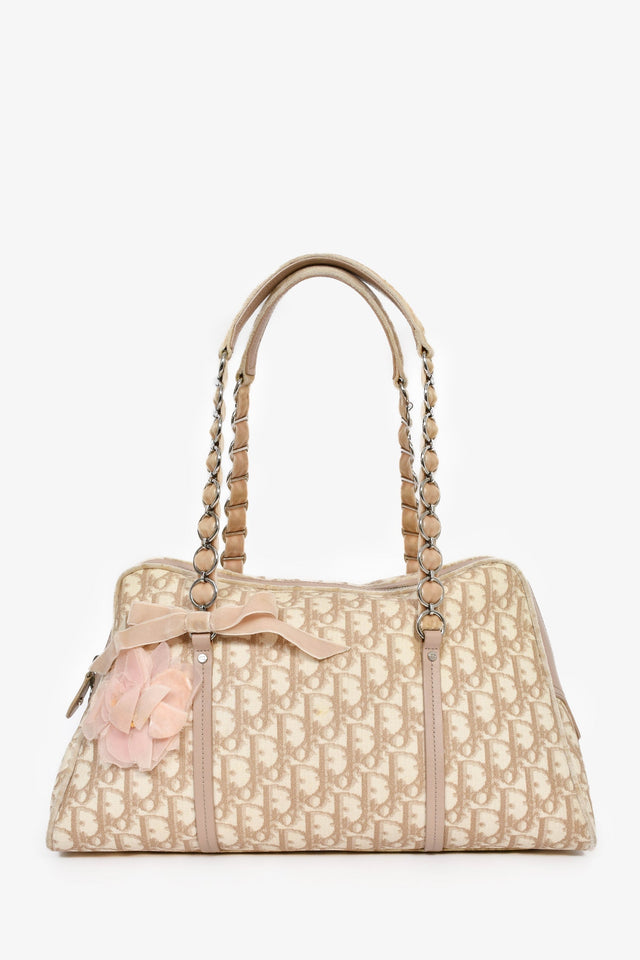 Christian Dior 2005 Beige/White Coated Canvas Diorissimo Romantique Shoulder Bag