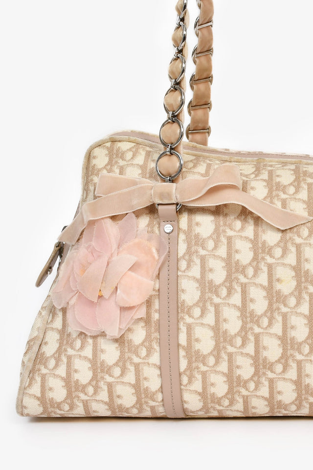 Christian Dior 2005 Beige/White Coated Canvas Diorissimo Romantique Shoulder Bag