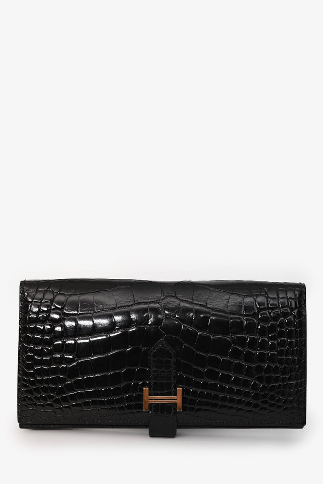 Hermes 2017 Black Alligator Shiny Leather Bearn Classique Wallet