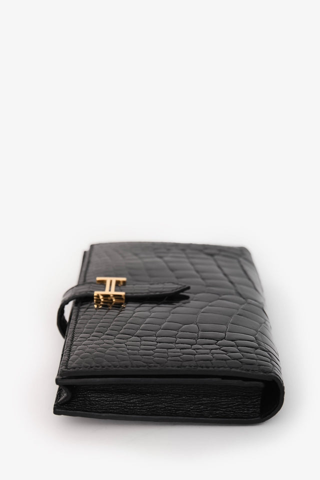Hermes 2017 Black Alligator Shiny Leather Bearn Classique Wallet