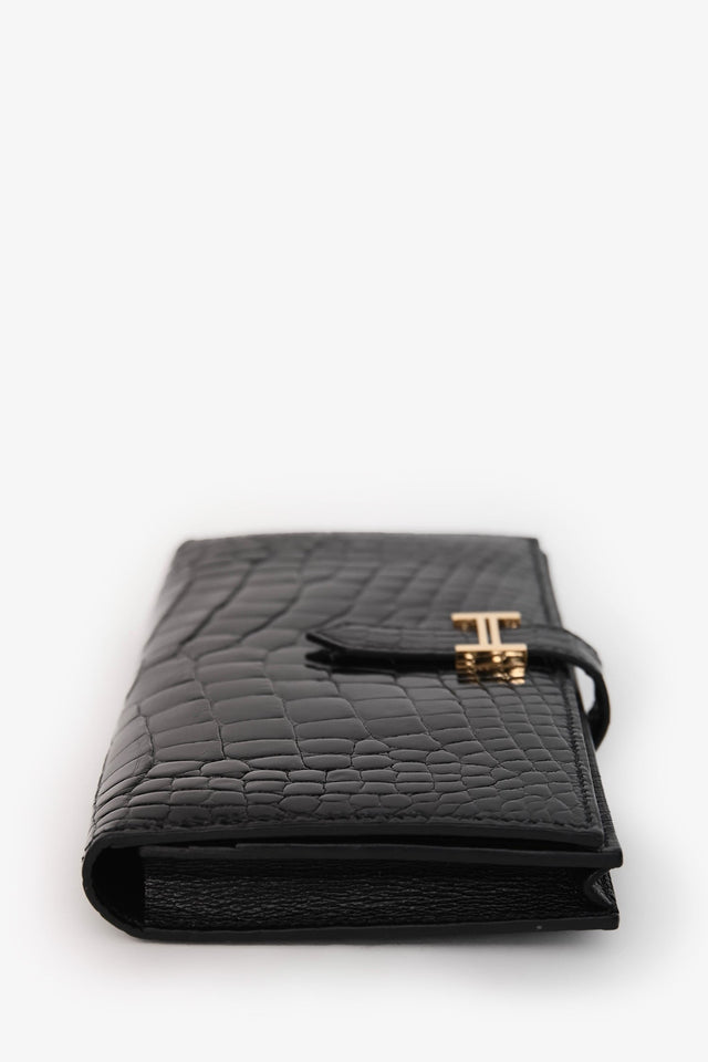 Hermes 2017 Black Alligator Shiny Leather Bearn Classique Wallet