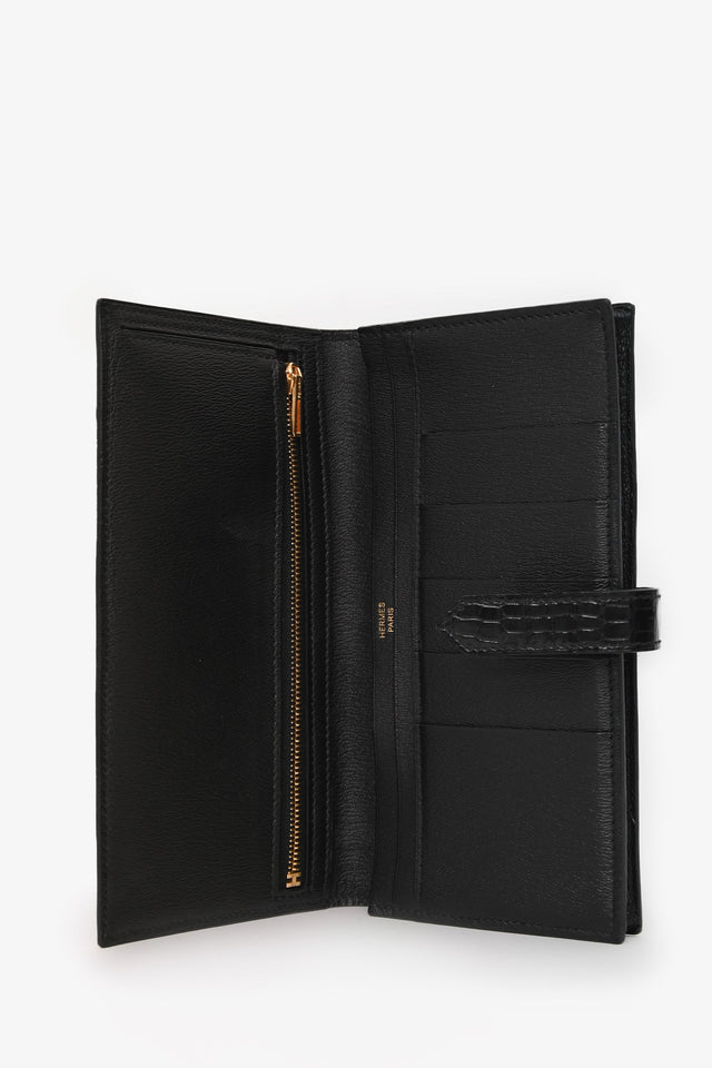 Hermes 2017 Black Alligator Shiny Leather Bearn Classique Wallet