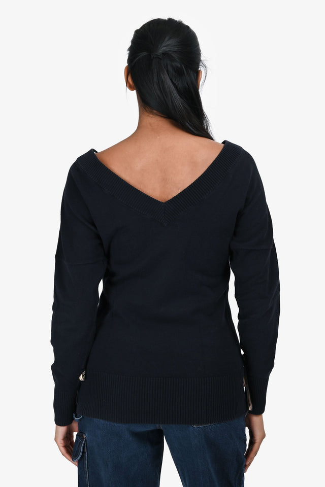Burberry Blue Label Navy Cotton V-Neck Tie Detail Sweater Size 38
