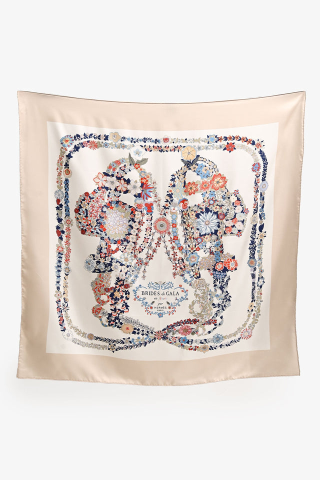 Hermes Beige/White Silk 'Brides des Gala en fleur' Scarf 90