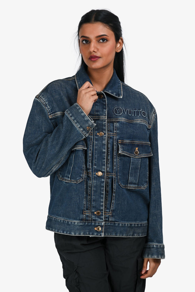 Louis Vuitton Blue Distressed Denim Logo Jacket Size 34