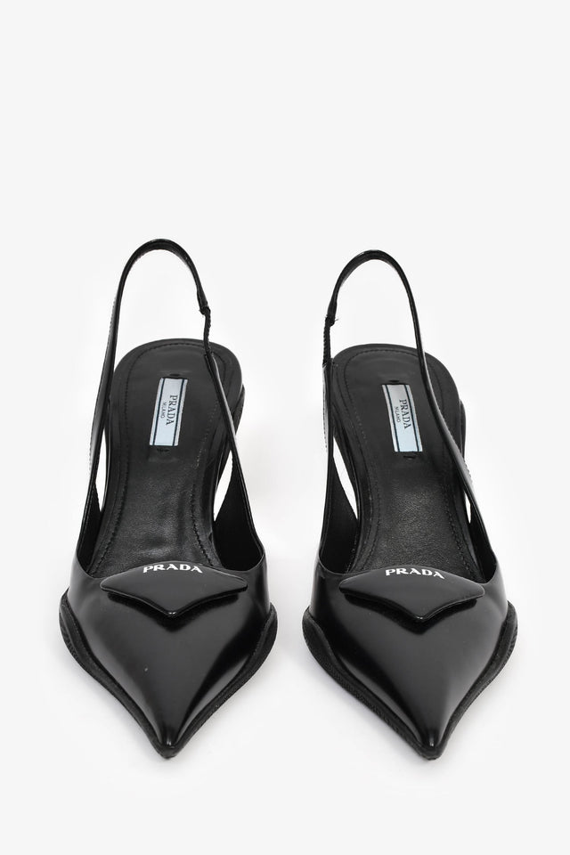 Prada Black Leather Logo-Plaque Slingback Heels Size 38.5