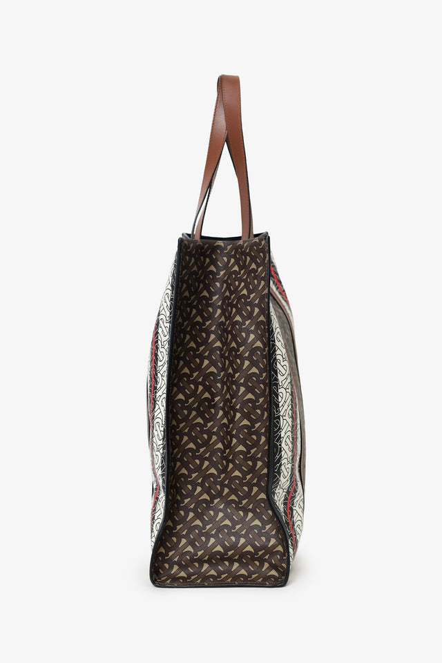 Burberry Bridle Brown TB Monogram Canvas Stripe Vertical Tote