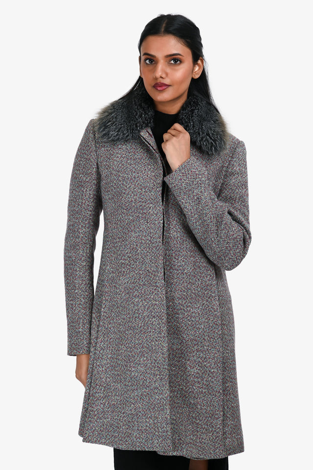 Christian Dior Multicolour/Grey Tweed Fox Fur Trim Collar Button Down Coat Size 36