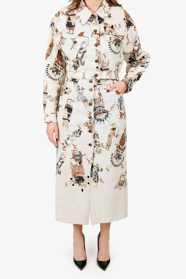 Hermes Vintage White Printed Jacket With Midi Skirt Set Size 40