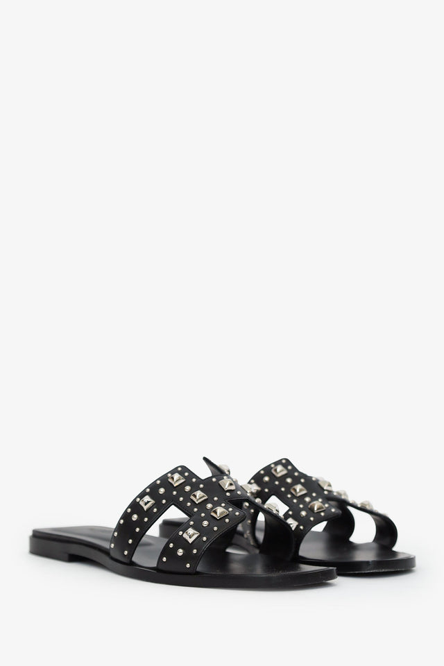Hermes Black Leater Studded Oran Sandals Size 38
